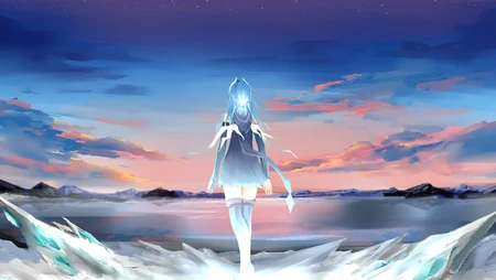 蓝发少女伫立冰原眺望渐变晚霞海景插画