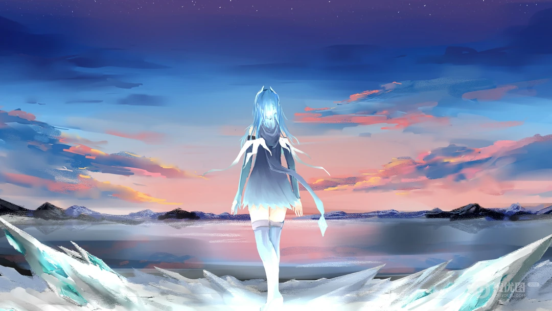 蓝发少女伫立冰原眺望渐变晚霞海景插画
