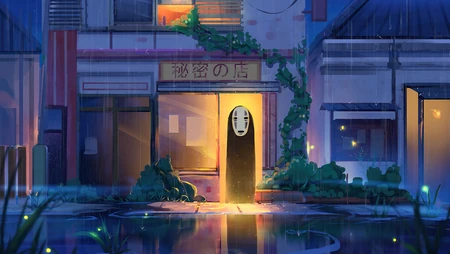 千与千寻无脸男雨夜街边小店插画