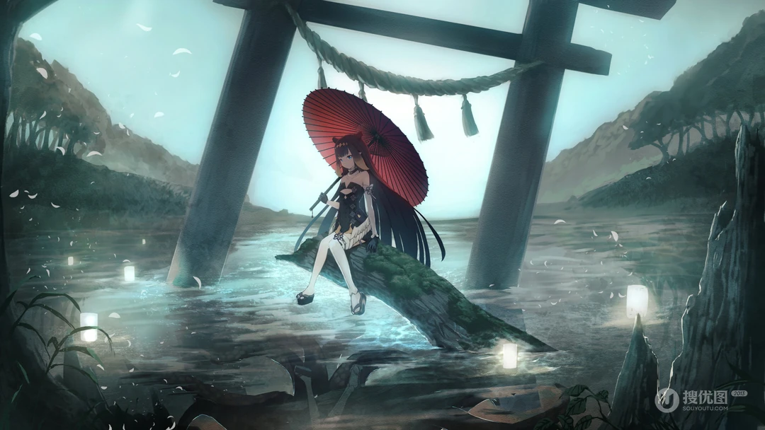 二次元少女持红伞坐水上神社鸟居风景