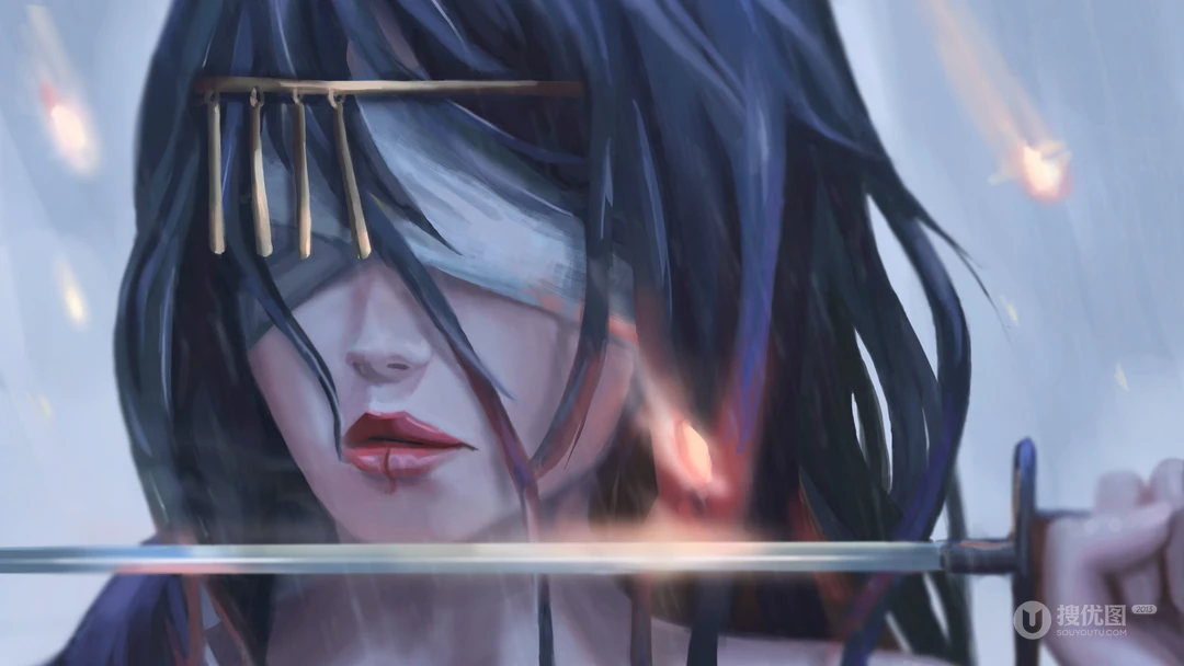 蒙眼持剑蓝发女性古风动漫插画