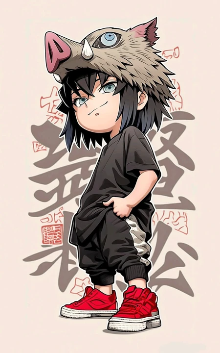 Q版嘴平伊之助休闲穿搭同人插画