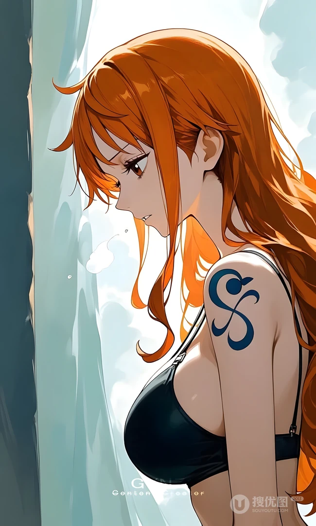 海贼王娜美侧身立绘 橘发纹身动漫插画