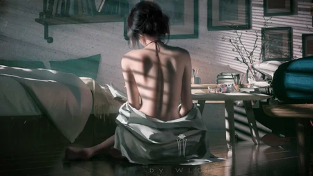坐在地板，背对着我们的裸身美女插画壁纸图片