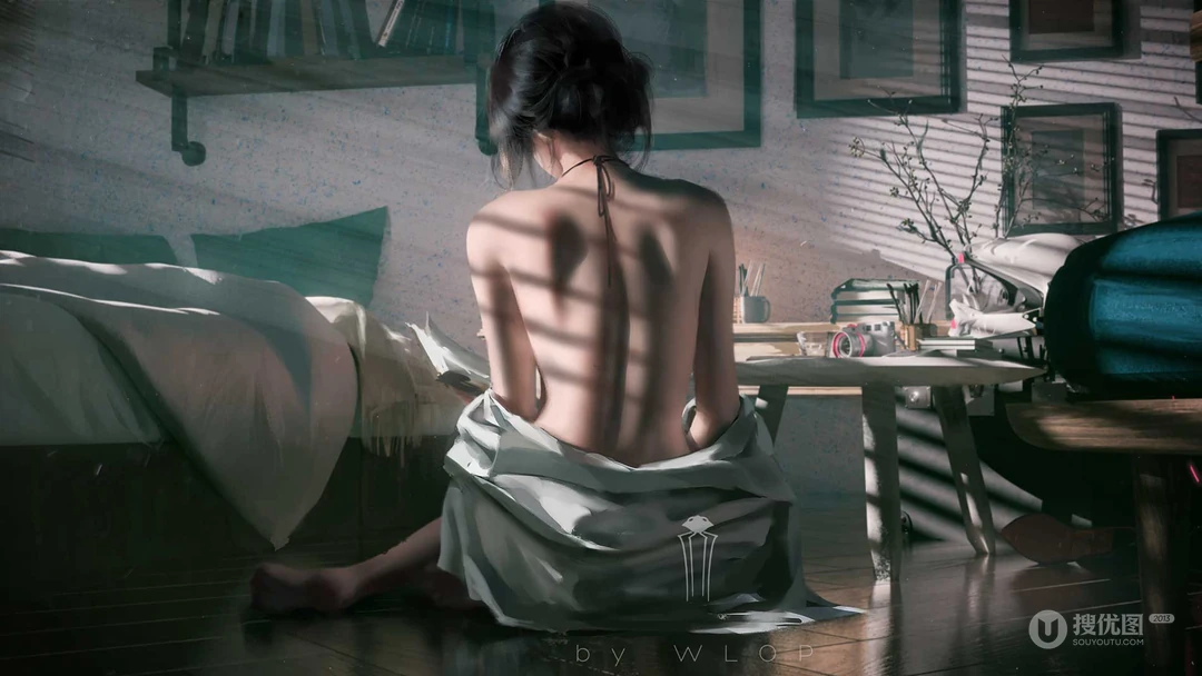 坐在地板，背对着我们的裸身美女插画壁纸图片