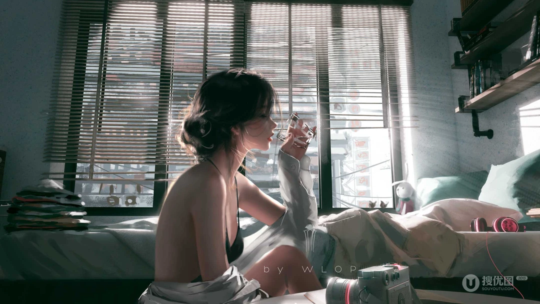 一个人坐在地板上喝酒的吊带内衣美女侧身插画壁纸图片