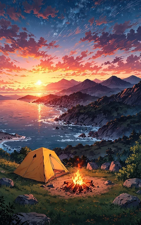夕阳西下，夜晚山谷，湖泊旁的露营的帐篷，篝火唯美插画手机壁纸图片