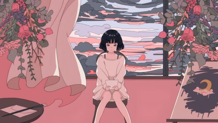 坐在窗前凳子上的短发动漫少女粉色居家手绘插画壁纸图片