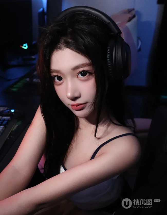 电脑前玩游戏的可爱休闲装背心短裤少女可爱自拍美照图集