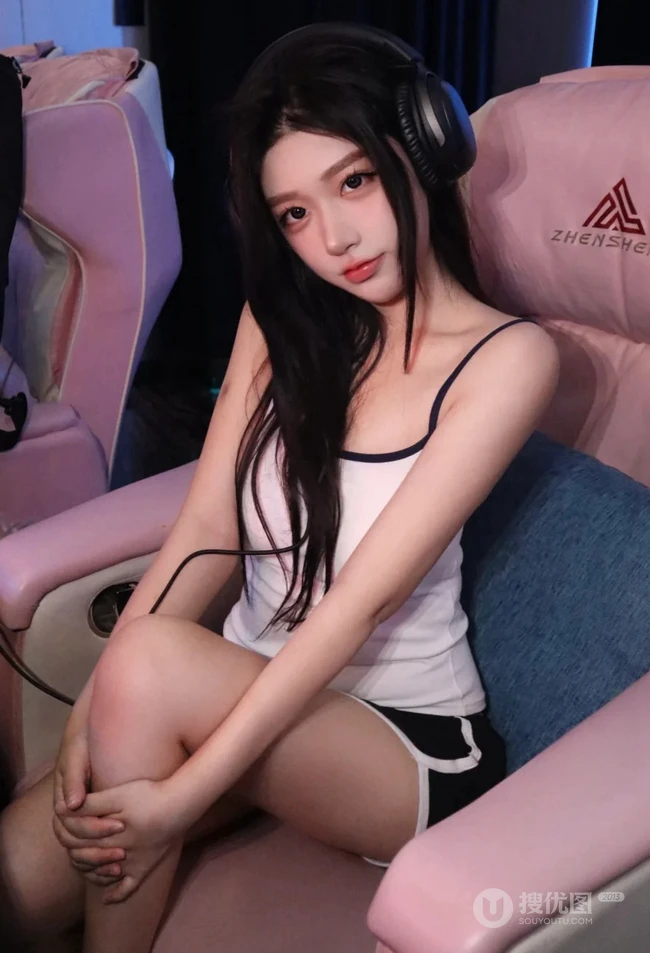 电脑前玩游戏的可爱休闲装背心短裤少女可爱自拍美照图集
