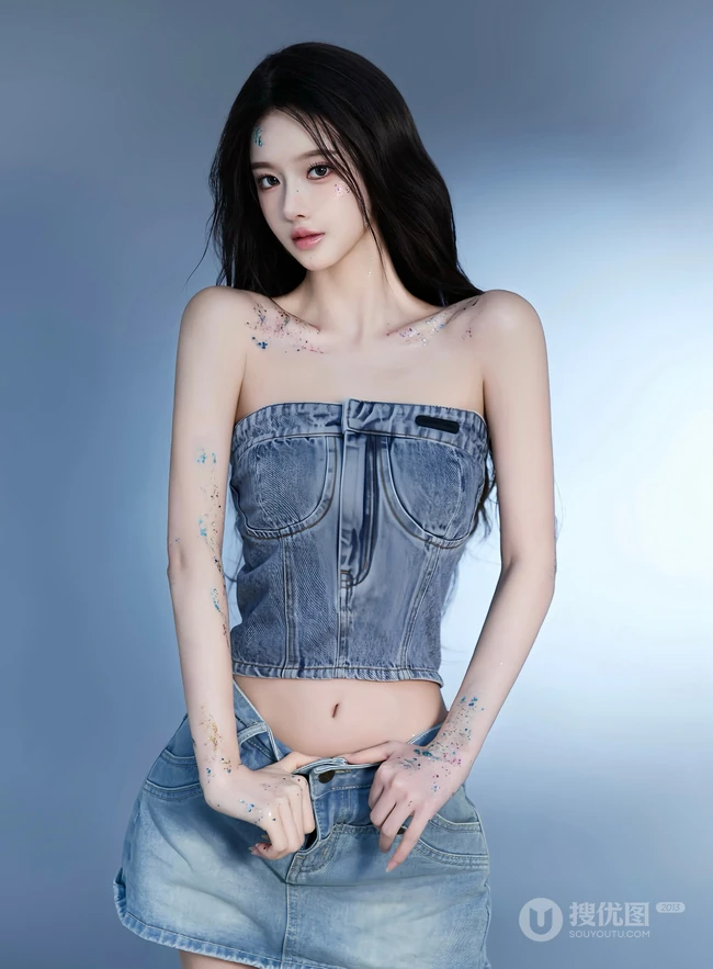 高颜值甜美女生小姐姐一袭紧身礼裙牛仔衣加牛仔裙穿搭尽显匀称身形写真套图