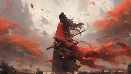 飘逸的剑客背影，战场，穿着红色古装剑客插画壁纸图片