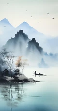江上轻舟，唯美国风水墨画，山水画风景手机壁纸图集