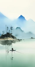 江上轻舟，唯美国风水墨画，山水画风景手机壁纸图集