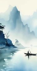 江上轻舟，唯美国风水墨画，山水画风景手机壁纸图集