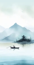 江上轻舟，唯美国风水墨画，山水画风景手机壁纸图集