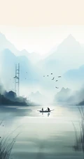江上轻舟，唯美国风水墨画，山水画风景手机壁纸图集