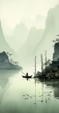 江上轻舟，唯美国风水墨画，山水画风景手机壁纸图集