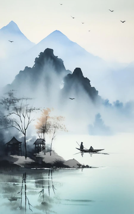 江上轻舟，唯美国风水墨画，山水画风景手机壁纸图集