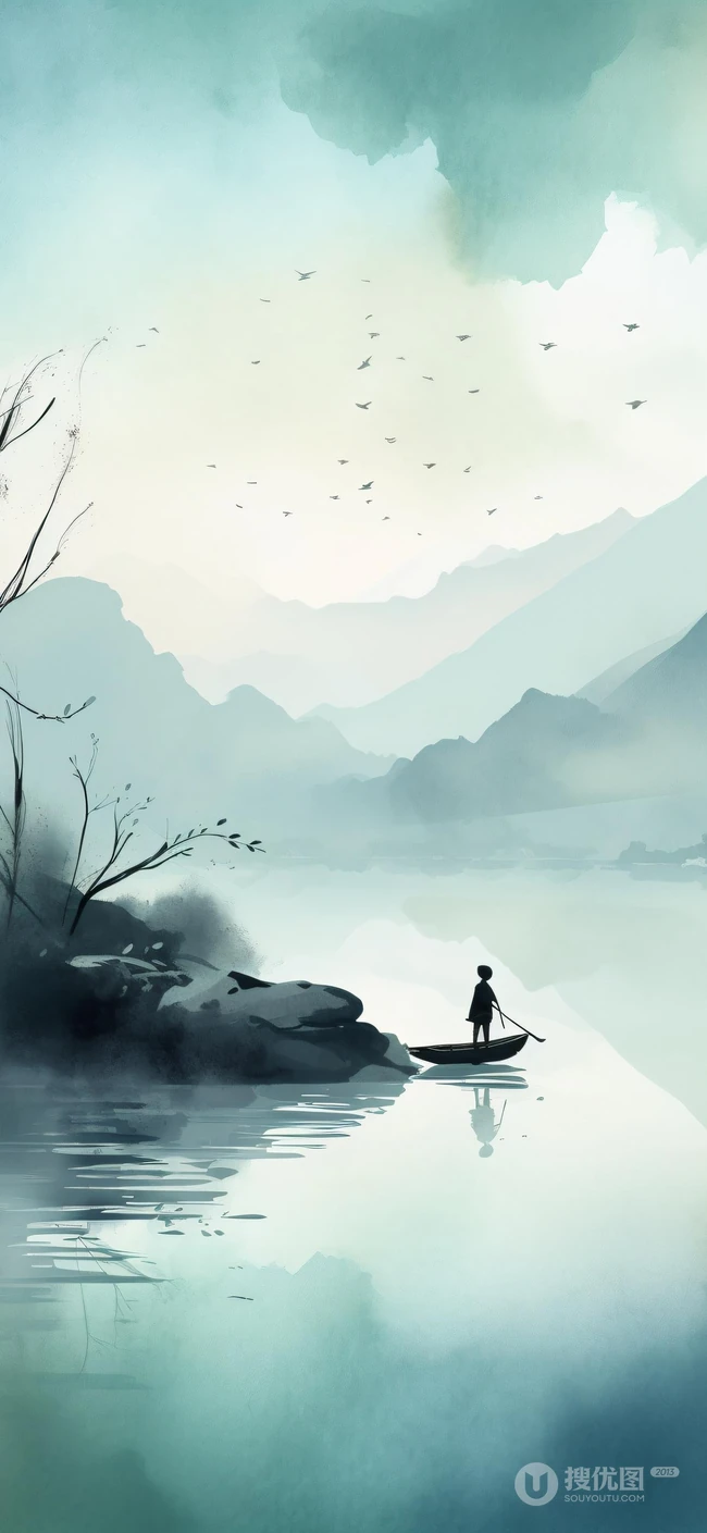 江上轻舟，唯美国风水墨画，山水画风景手机壁纸图集