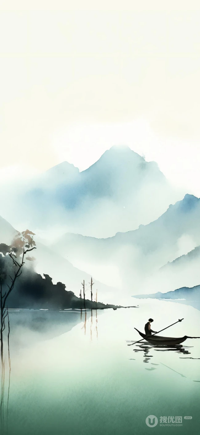 江上轻舟，唯美国风水墨画，山水画风景手机壁纸图集
