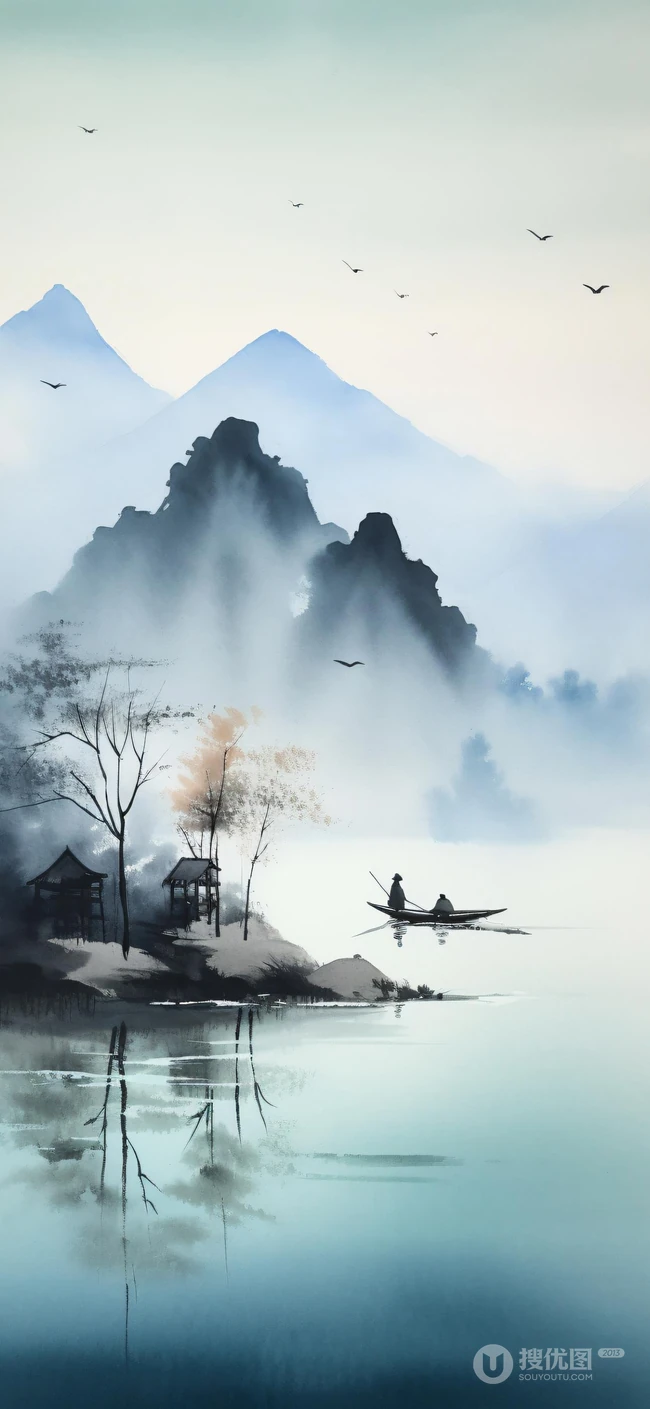 江上轻舟，唯美国风水墨画，山水画风景手机壁纸图集