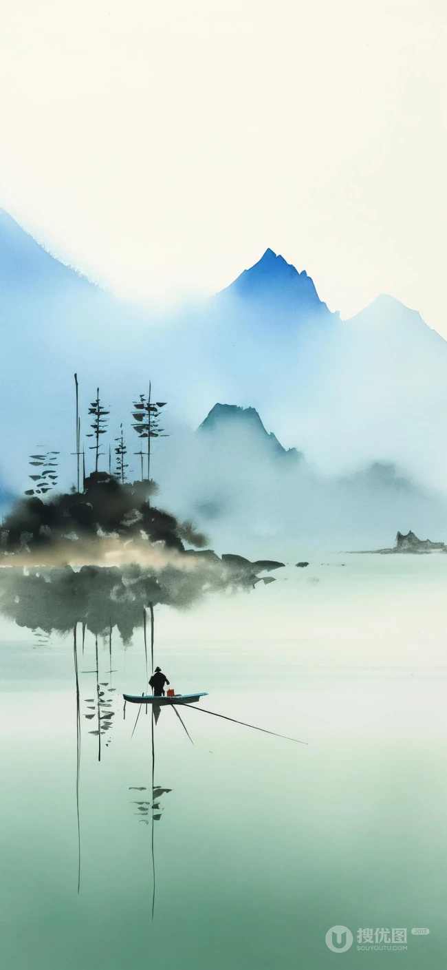 江上轻舟，唯美国风水墨画，山水画风景手机壁纸图集