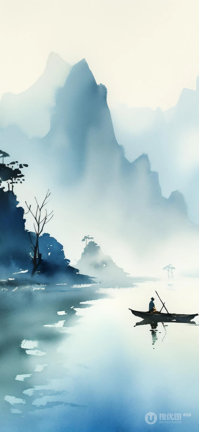 江上轻舟，唯美国风水墨画，山水画风景手机壁纸图集
