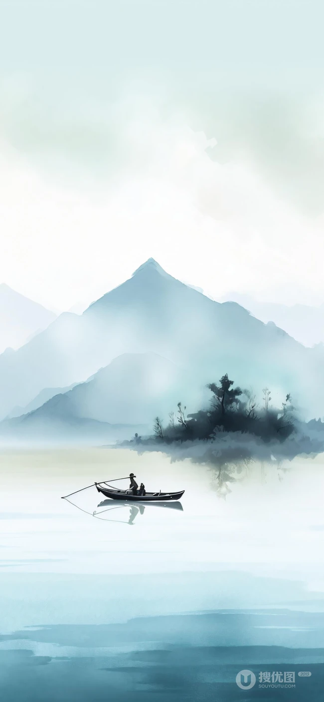 江上轻舟，唯美国风水墨画，山水画风景手机壁纸图集