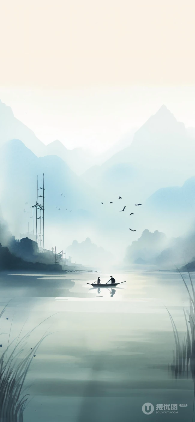 江上轻舟，唯美国风水墨画，山水画风景手机壁纸图集