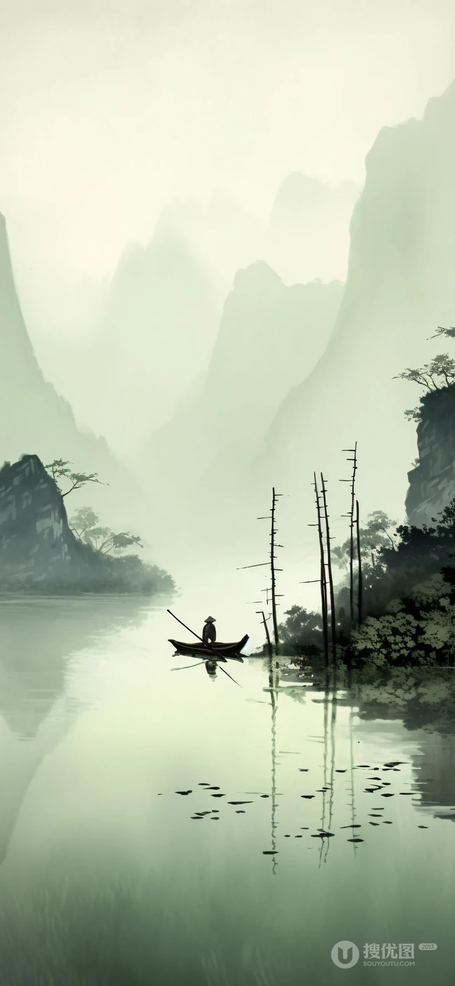 江上轻舟，唯美国风水墨画，山水画风景手机壁纸图集
