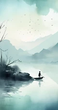 江上轻舟，唯美国风水墨画，山水画风景手机壁纸图集