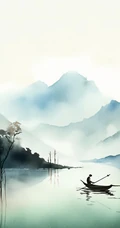 江上轻舟，唯美国风水墨画，山水画风景手机壁纸图集