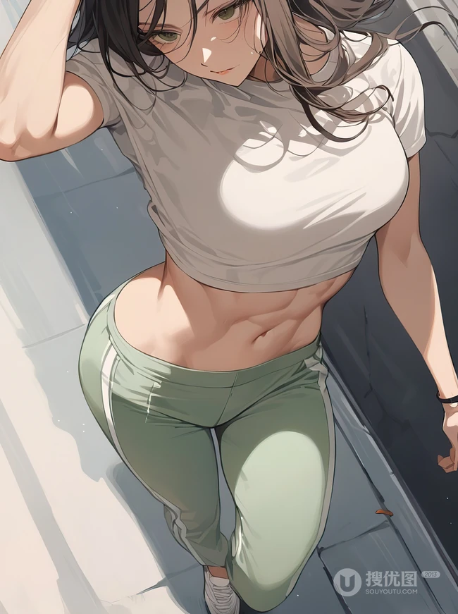 腹肌美女，身着紧身运动衣长裤的动漫美女手机壁纸图片