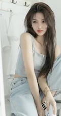 洗衣机前拍摄美照的背心牛仔裤简约穿搭女生悠闲写真套图