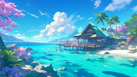 春暖花开的海岛度假小屋唯美景色壁纸图片
