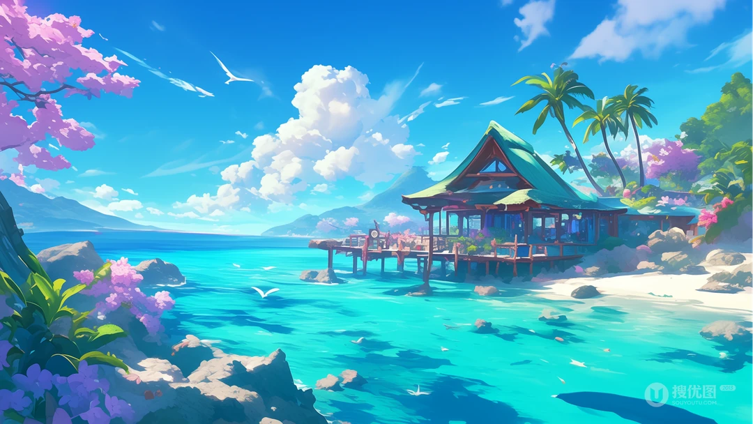 春暖花开的海岛度假小屋唯美景色壁纸图片