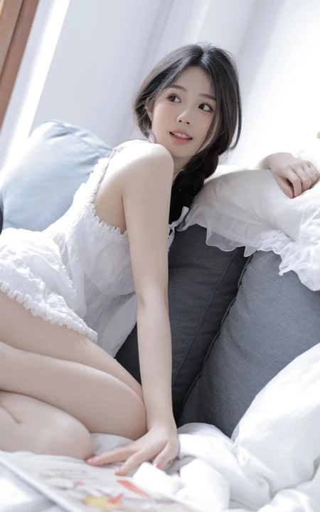 沙发上看画报的甜美可人少女白色肩带居家裙装穿搭高清室内美照