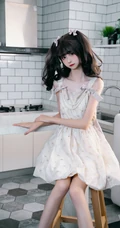 娇小玲珑可爱甜少女齐刘海双马尾发型搭配白裙居家厨房惬意写真美照