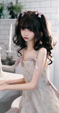 娇小玲珑可爱甜少女齐刘海双马尾发型搭配白裙居家厨房惬意写真美照