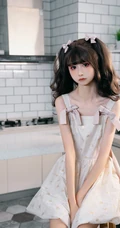 娇小玲珑可爱甜少女齐刘海双马尾发型搭配白裙居家厨房惬意写真美照
