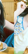 女生宋昕冉戴着可爱围帽加背心长裙边吃美食边拍照可爱甜美写真图集