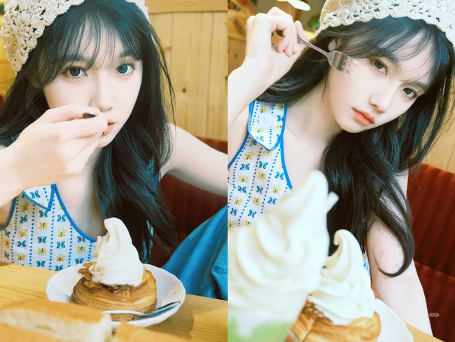 女生宋昕冉戴着可爱围帽加背心长裙边吃美食边拍照可爱甜美写真图集