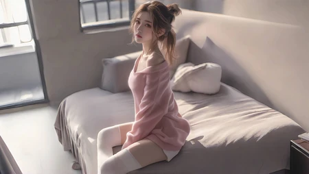 坐在床沿的粉衣白裤长袜穿搭AI美图壁纸