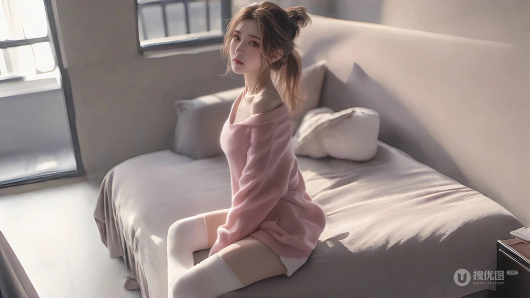 坐在床沿的粉衣白裤长袜穿搭AI美图壁纸