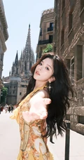 网红女生小姐姐彭十六鹅黄开叉长裙优雅气质街拍美照图集
