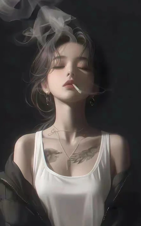 闭着眼睛，纹身美女，抽烟，仰着头，颓废感AI美女小姐姐手机壁纸图片