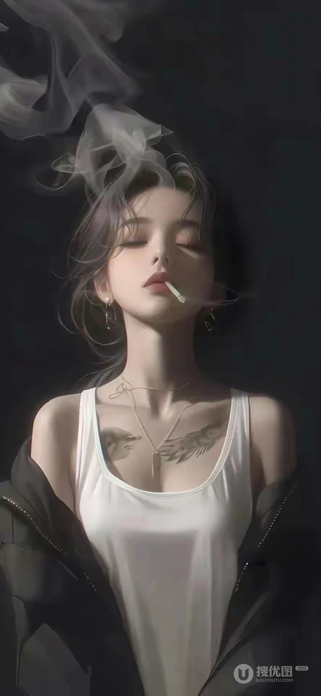 闭着眼睛，纹身美女，抽烟，仰着头，颓废感AI美女小姐姐手机壁纸图片