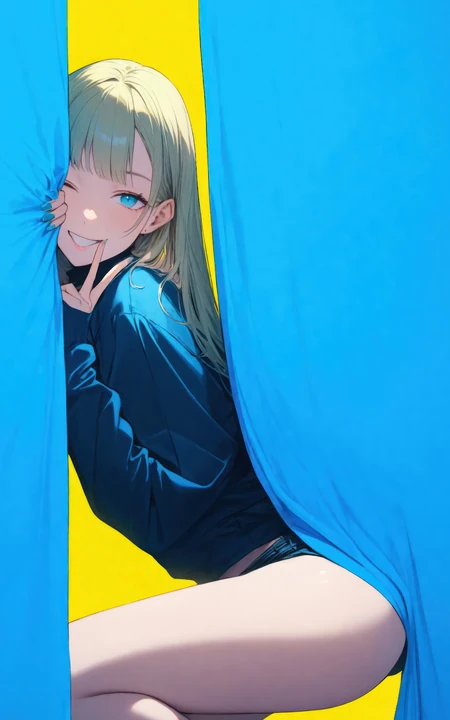 半蹲在窗帘下面的可爱动漫美少女手机壁纸图片
