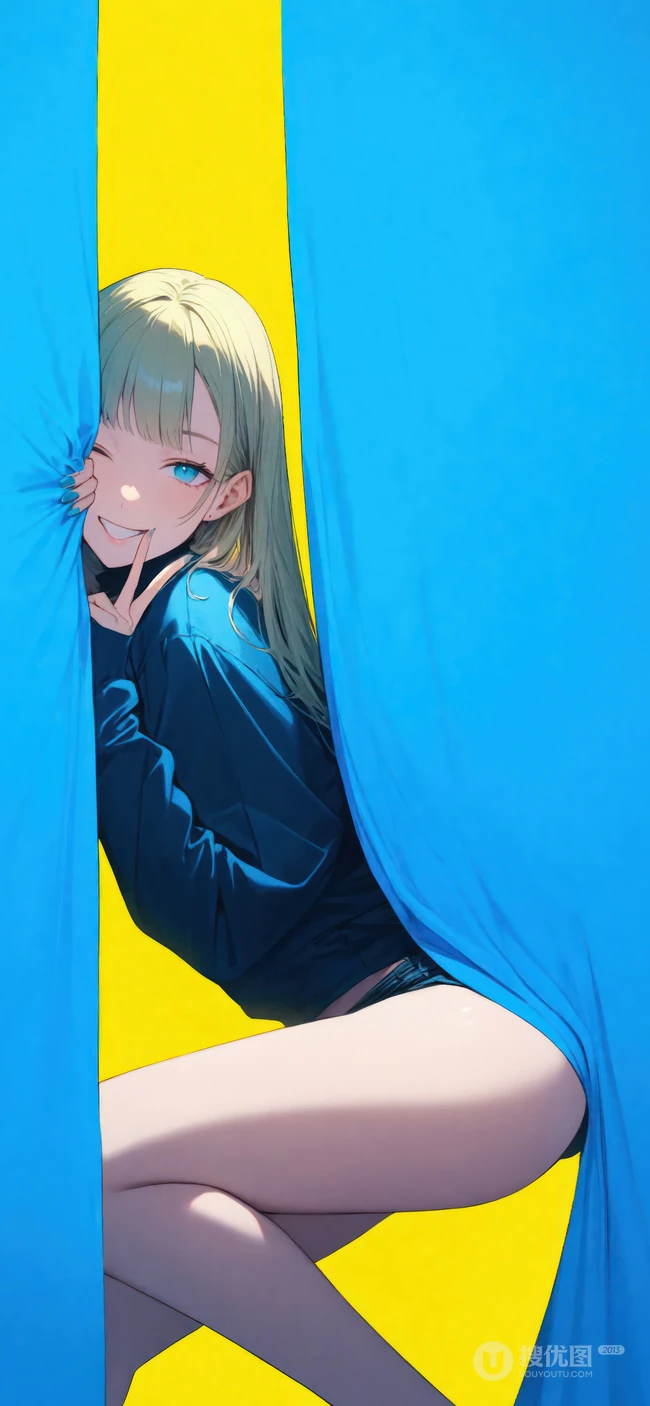 半蹲在窗帘下面的可爱动漫美少女手机壁纸图片